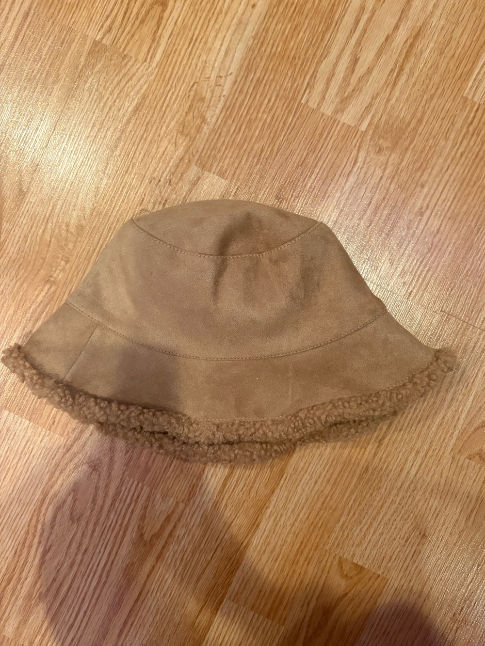 Brown Faux Suede Bucket Hat with Sherpa Trim
